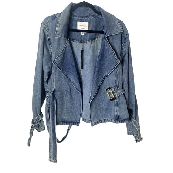 Habitual Jean Jacket XL Belted Button Up Tortoise Shell Detail Pockets Denim NWT - Picture 8 of 16
